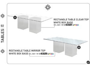 Rectangle Table Clear Top White Box Base & Rectangle Table Mirror Top White Box Base