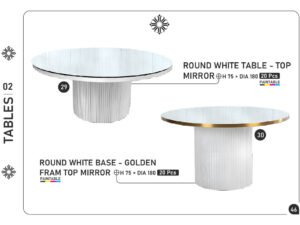 Round White Table – Top Mirror & Round White Base – Golden Frame Top Mirror